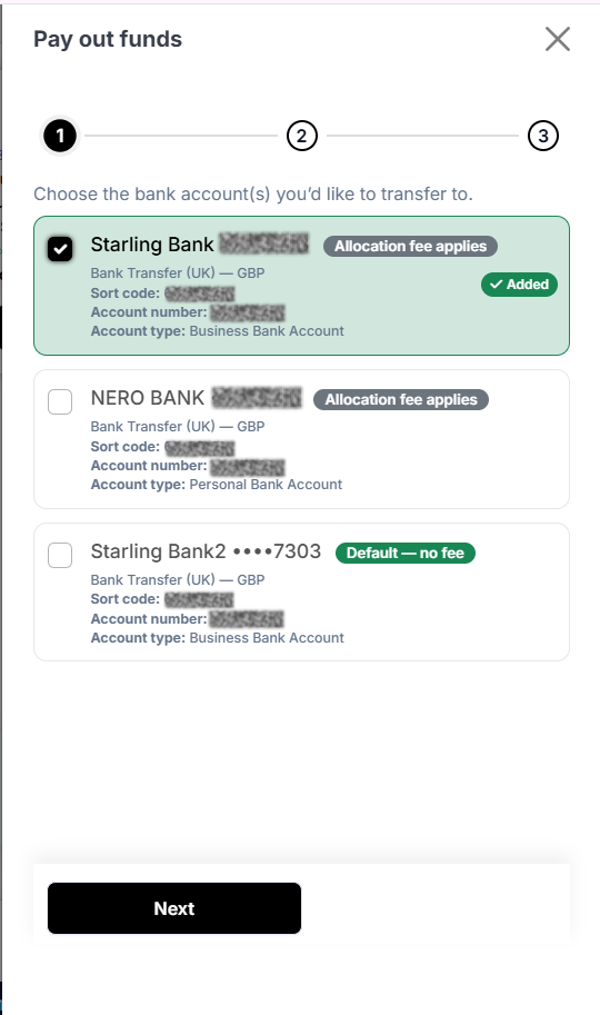 Payouts screen - step 1