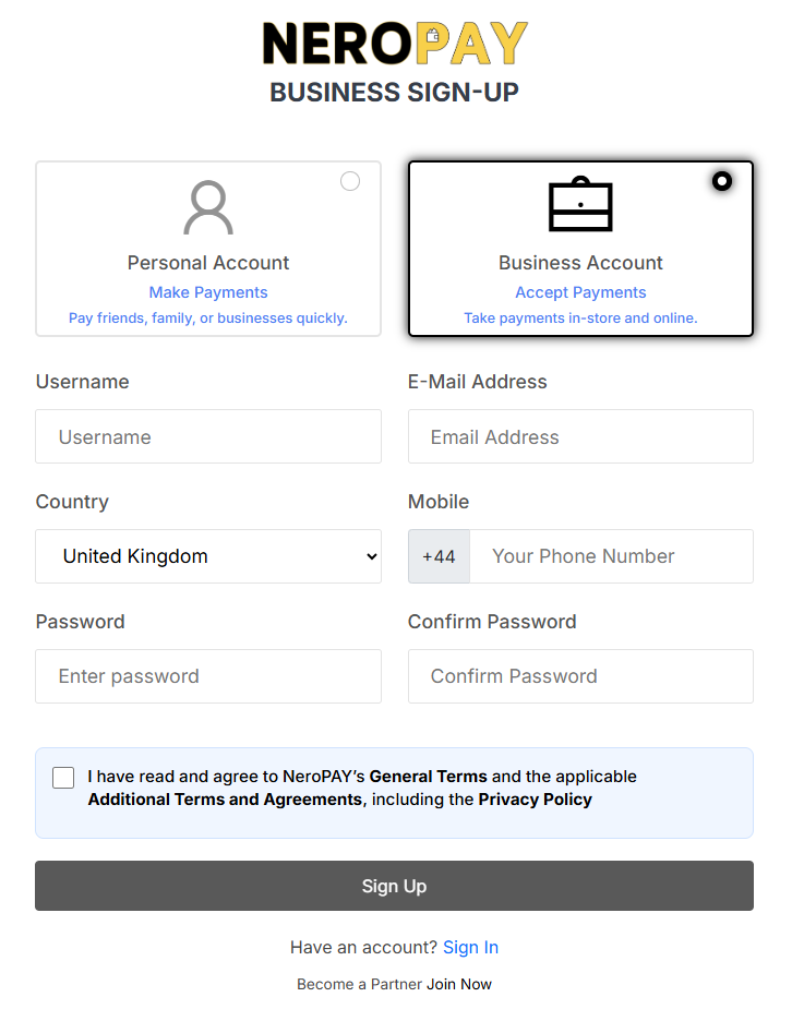 NeroPAY Sign-Up Screenshot