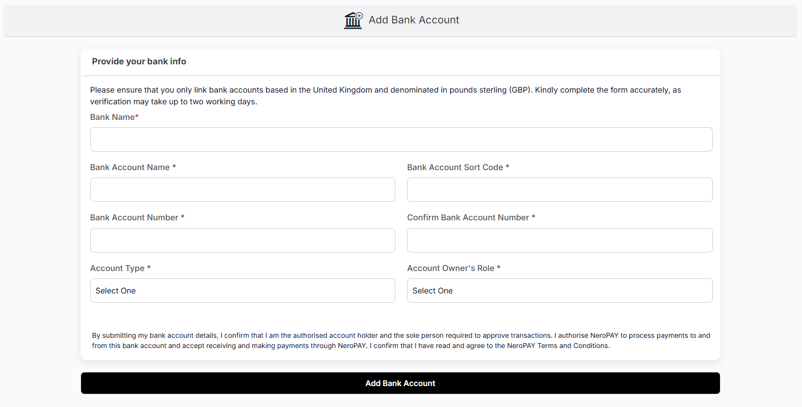 NeroPAY Add Bank Account Screenshot