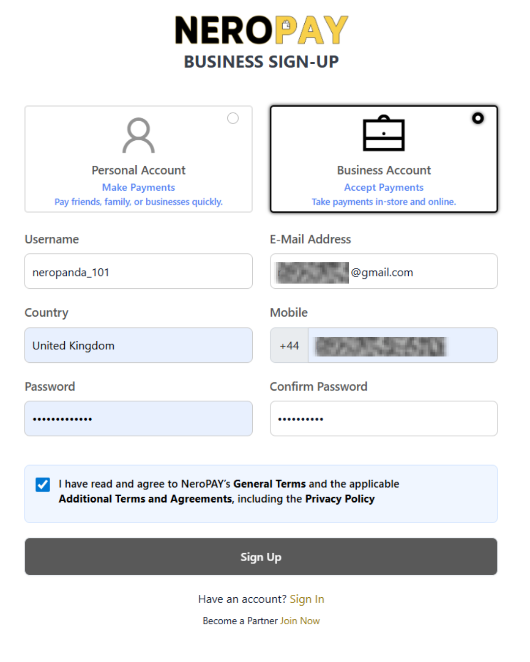NeroPay profile setup screenshot