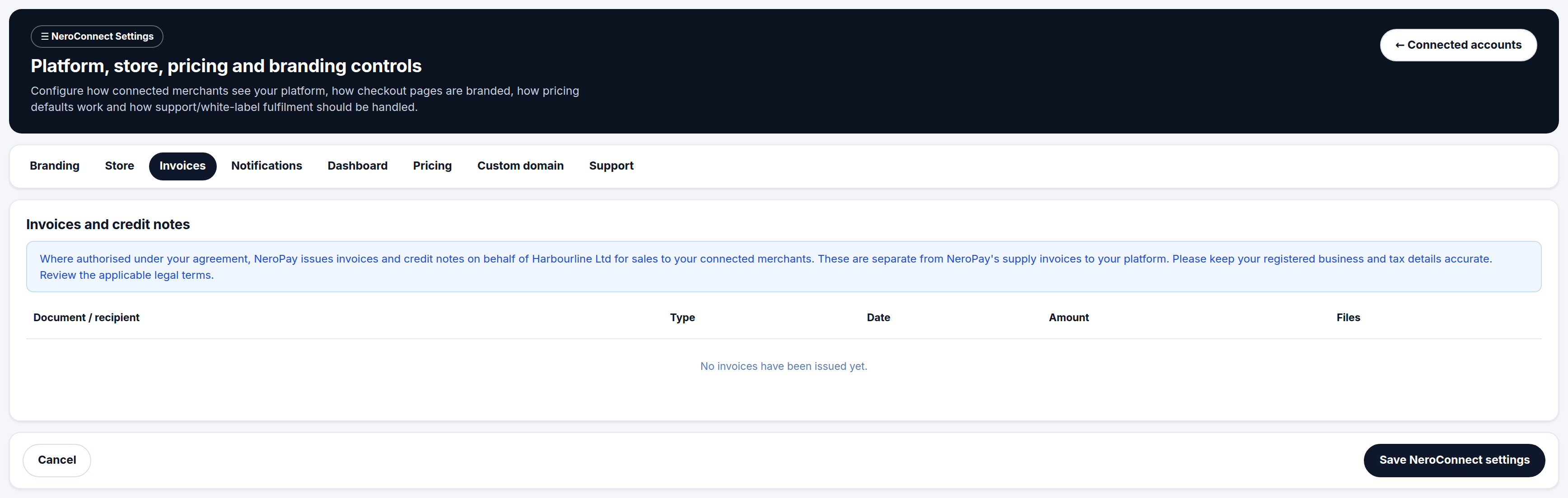 NeroConnect Settings, Invoices tab, showing the invoices and credit notes register with its column headers and no documents issued yet