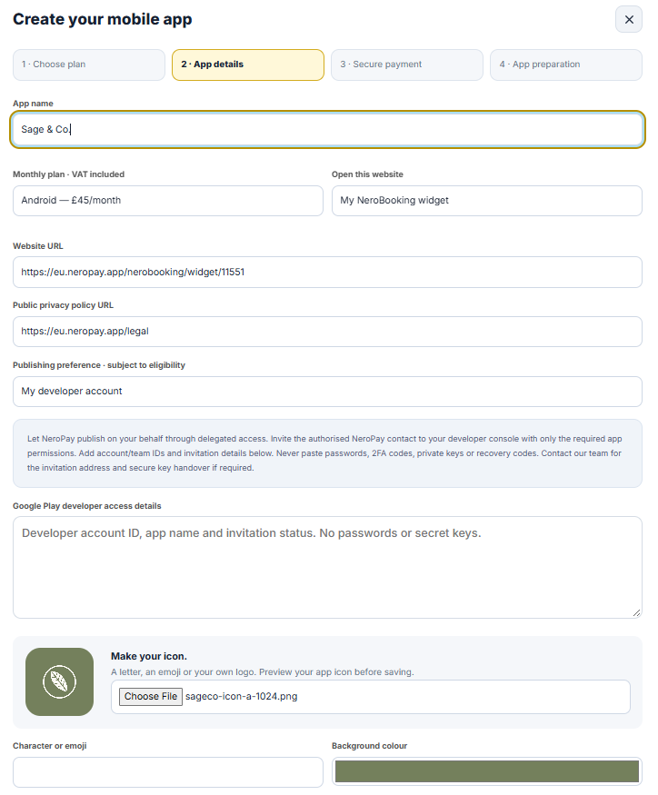 The Create your mobile app details form filled in for Sage and Co with a booking widget address and a custom icon