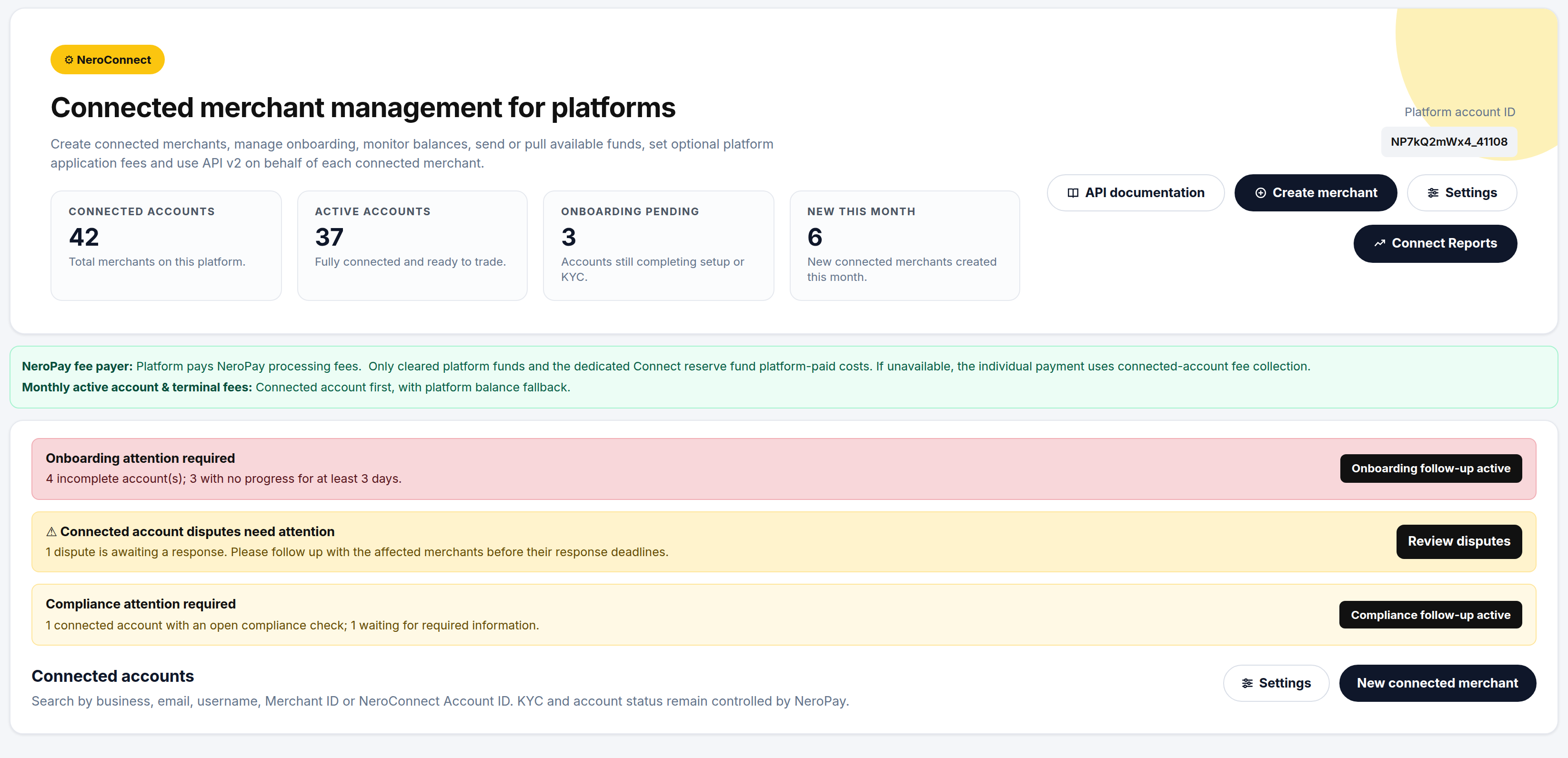 NeroConnect Connected Accounts page header showing four estate counters, the platform account ID, a fee payer banner and three attention banners for onboarding, disputes and compliance