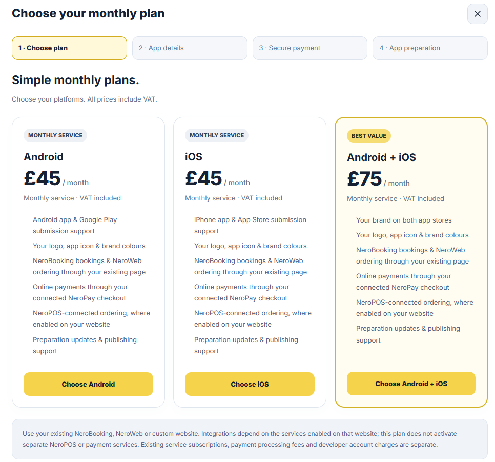 The Choose your monthly plan step showing the Android, iOS and Android plus iOS plans