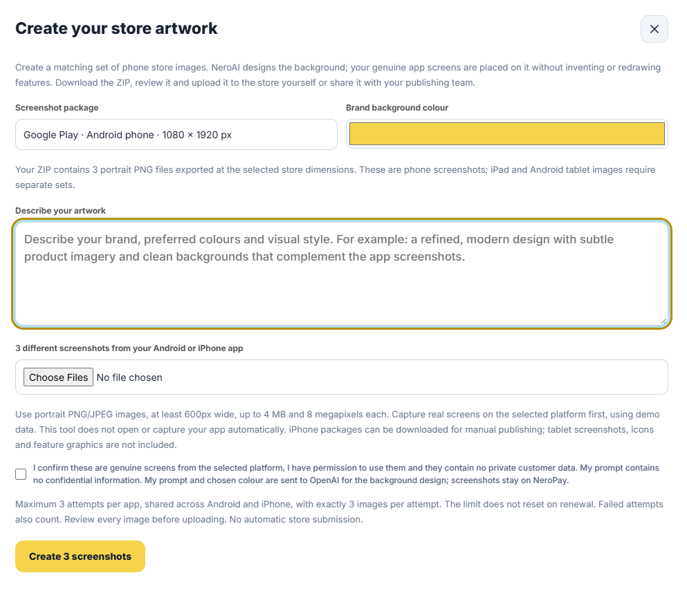 The Create your store artwork form with screenshot package, background colour, description and file upload fields