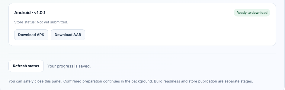 Preparation progress panel showing an Android build ready to download with Download APK and Download AAB buttons