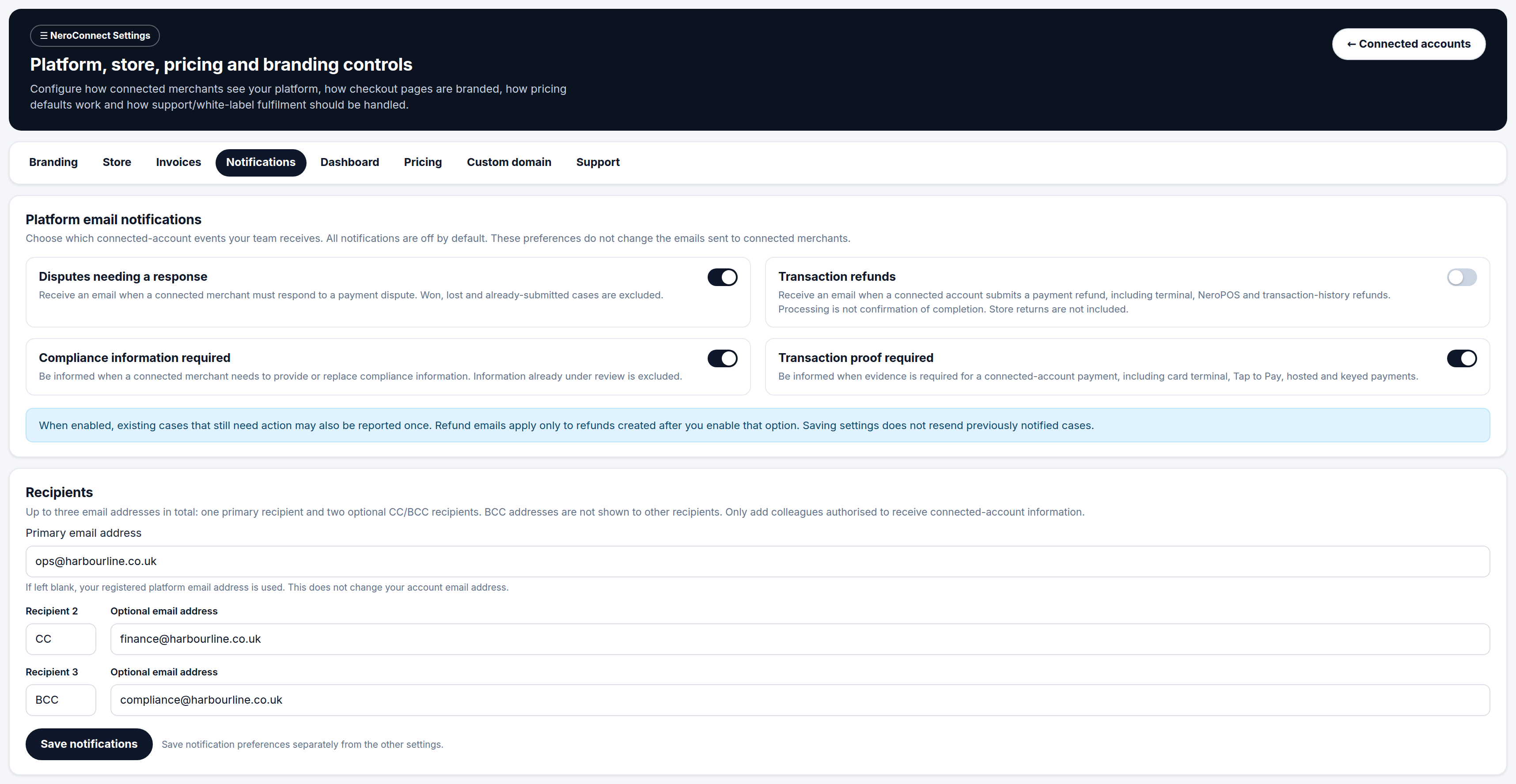 NeroConnect Settings, Notifications tab, showing four platform email notification switches, the recipient fields for a primary address and two optional CC or BCC addresses, and the Save notifications button