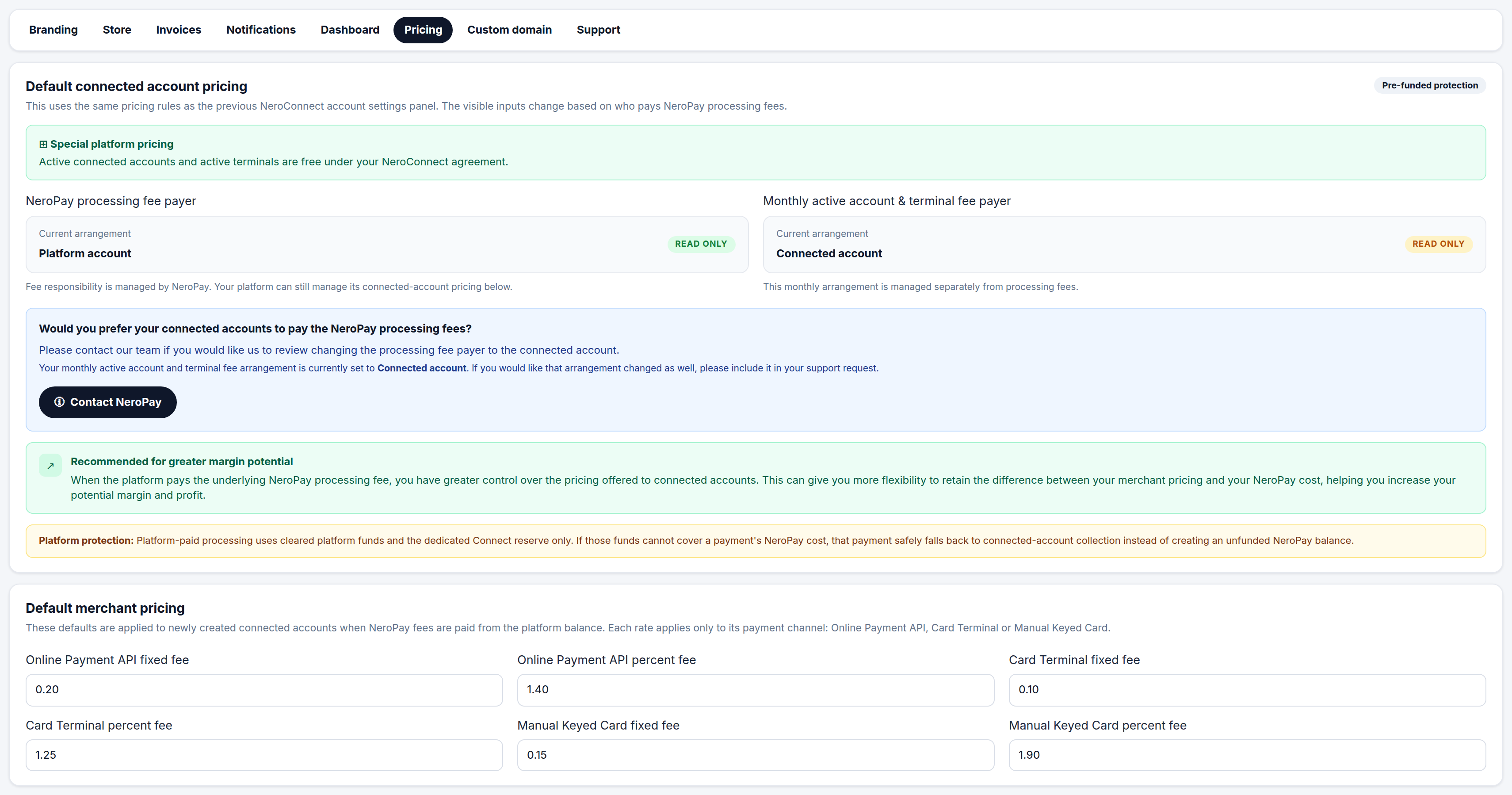 NeroConnect Settings, Pricing tab, showing the read-only NeroPay processing fee payer and monthly active account and terminal fee payer panels, a Contact NeroPay button, and the default merchant pricing fields by channel