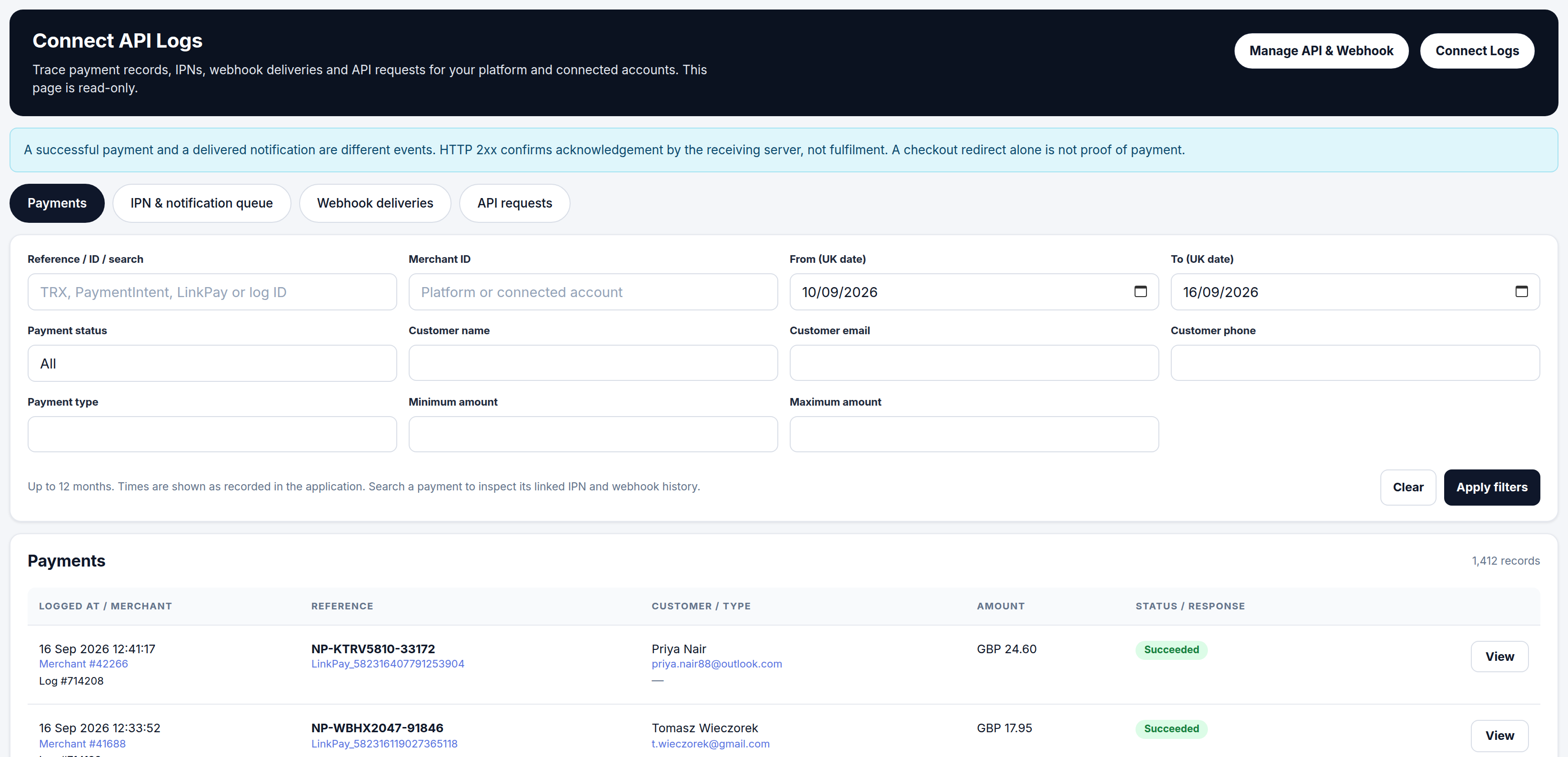 NeroConnect Connect API Logs, Payments tab, showing the reminder that a payment and a delivered notification are different events, four tabs, filter fields and a list of payment records