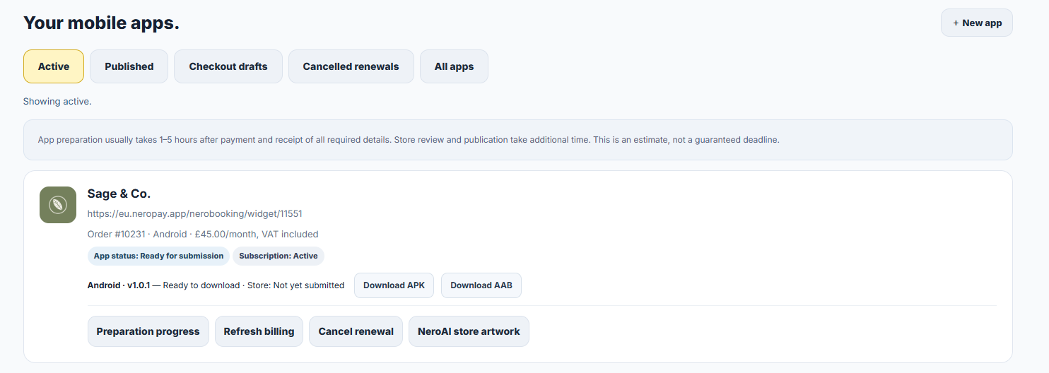 Your mobile apps list with the Active tab selected and an app card for Sage and Co showing status, downloads and actions