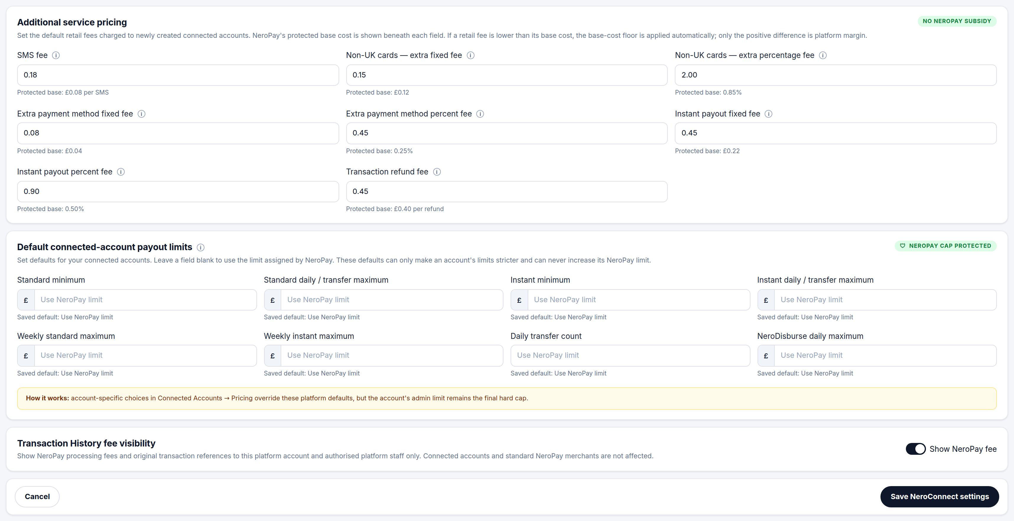 NeroConnect Settings, Pricing tab, showing the Additional service pricing fields for SMS, non-UK cards, extra payment method, instant payout and transaction refund, each with a protected base line beneath, above the default payout limits and the Transaction History fee visibility switch