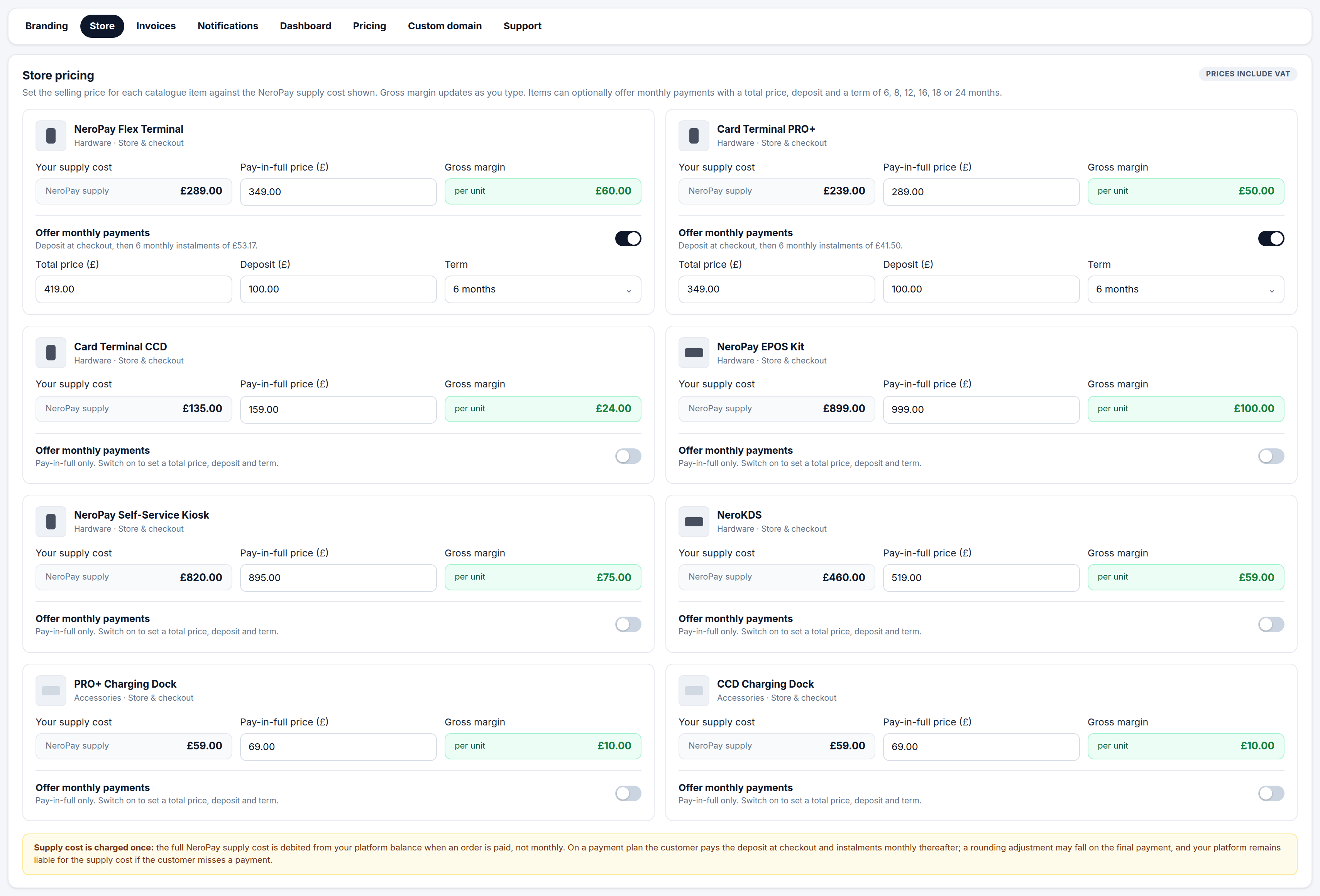 NeroConnect Settings, Store tab, store pricing panel showing supply cost, pay-in-full price, gross margin and the optional monthly payment fields for each catalogue item