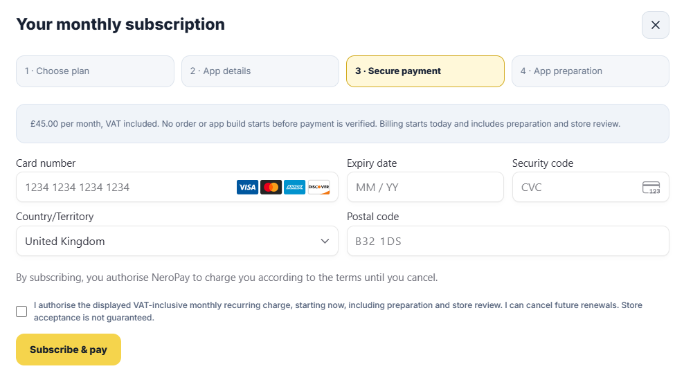 The Your monthly subscription payment step with card, country and postcode fields and the Subscribe and pay button