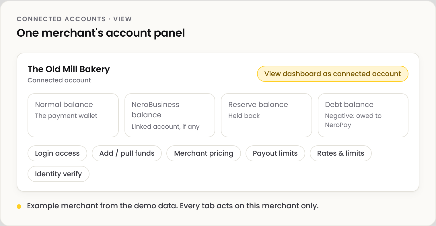 Diagram of one merchant's account panel, using a demo merchant: the View dashboard as connected account button; four balances: normal balance, the payment wallet; NeroBusiness balance, a linked account if any; reserve balance, held back; debt balance, negative when owed to NeroPay; and the tabs: login access, add or pull funds, merchant pricing, payout limits, rates and limits, identity verify.