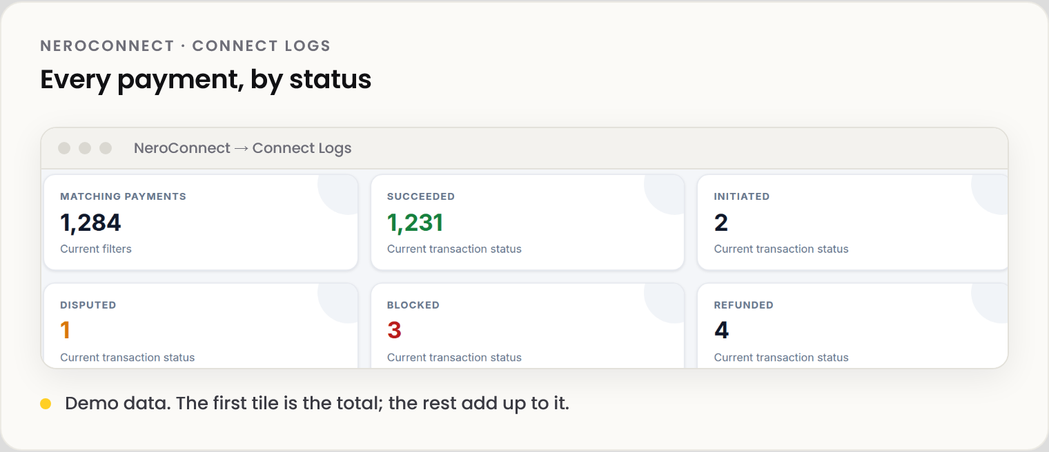 Screenshot of the status tiles from the demo data: matching payments, succeeded, initiated, disputed, blocked and refunded.